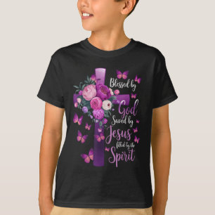 T-shirt Béni Par Dieu Sauvé Par Jésus Croix Florale Violet