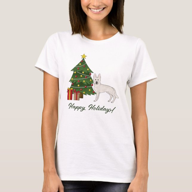 T-shirt Berger suisse blanc GSD Chien vert arbre de Noël (Devant)