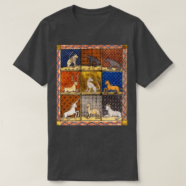 T-SHIRT BESTIAIRE MÉDIÉVAL FANTASTIQUE ANIMAUX EN OR RED B (Design devant)