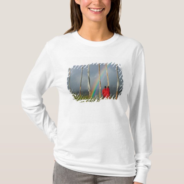 T-shirt Bhoutan, village de Gangtey, arc en ciel sur deux  (Devant)