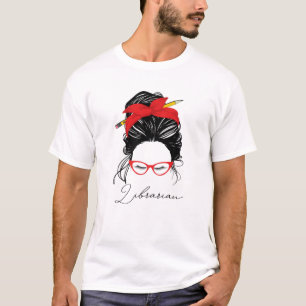 T-shirt Bibliothécaire Retour À L'École Messy Bun Drôle Fe