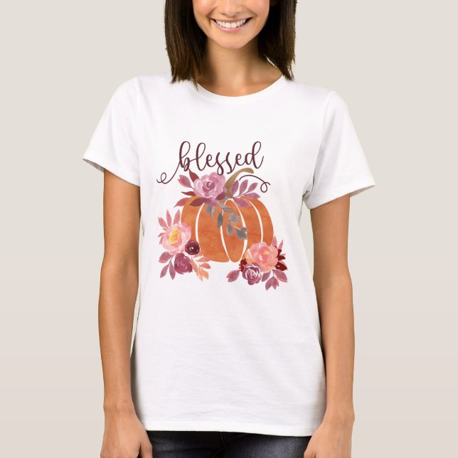T-shirt Bienheureux - Citrouille d'automne avec fleurs ros (Devant)