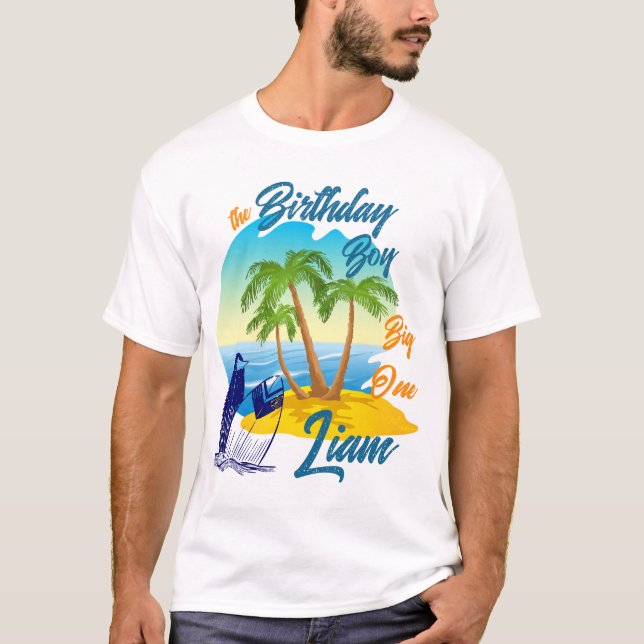 T-shirt Big One Birthday Boy Beach Theme Personalized Name (Devant)