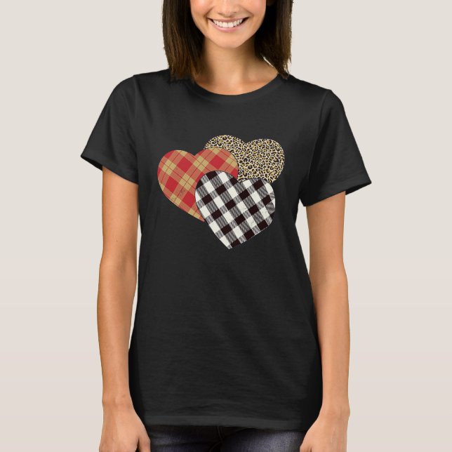 T-shirt Big Three Hearts Leopard Buffalo Plaid  Valentine' (Devant)