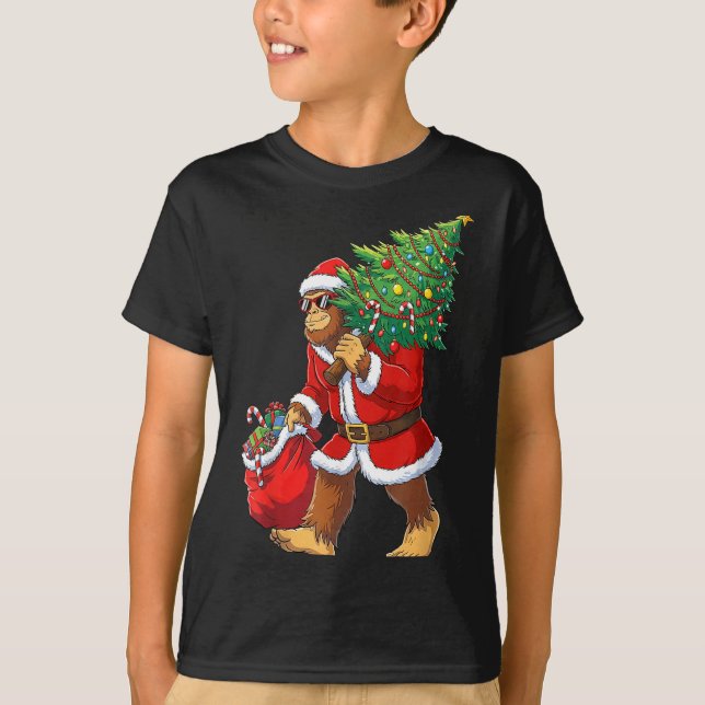 T-shirt Bigfoot Christmas Tree Lights Boys Men Sasquatch L (Devant)