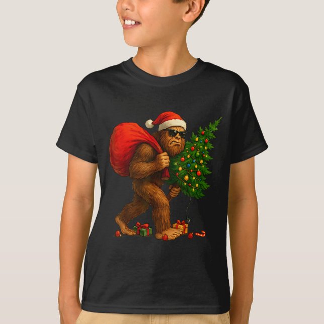 T-shirt Bigfoot Stealing Christmas Tree Lights Xmas Boys M (Devant)