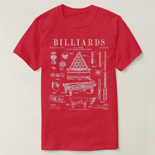 T-shirt Billard Pool de table Boule de la pile Brevet Vint (Design devant)