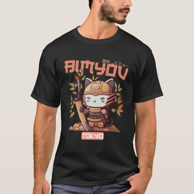 T-shirt Bimyou Samurai Cat Graphic avec cerisier Blossom T (Devant)