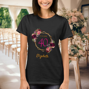 T-shirt Birthday noir or floristes bordeaux