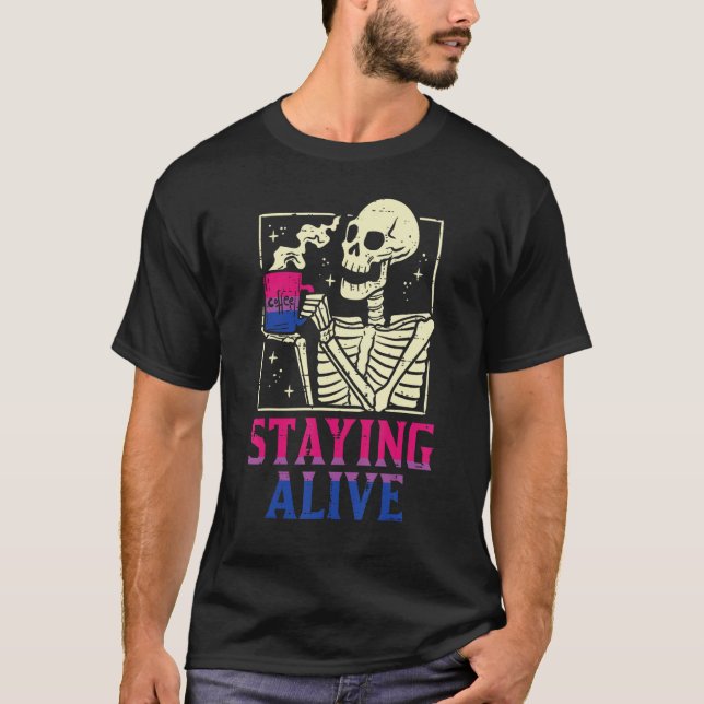 T-shirt Bisexual Skeleton Staying Alive Bi Pride Flag Lgbt (Devant)
