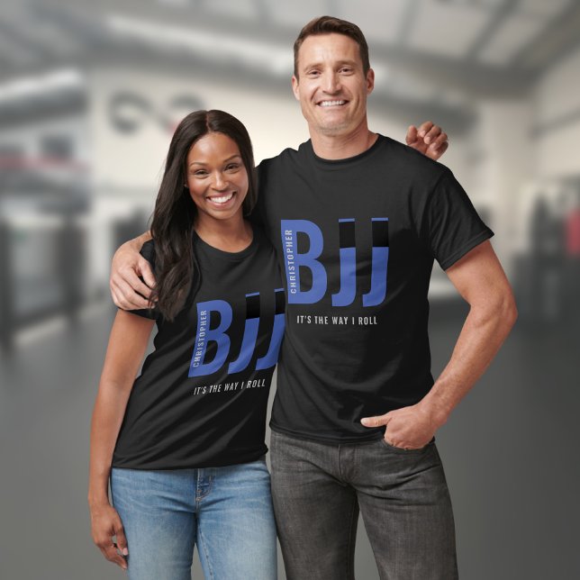 T-shirt BJJ Brazil Jiu Jitsu Ajouter Nom Ceinture bleue (Black BJJ Jiu Jitsu Tshirt with BJJ in Blue and personalized with name.)