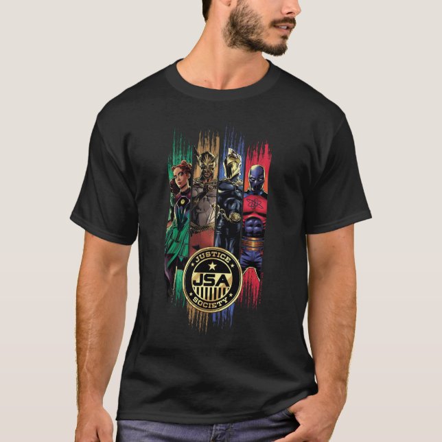 T-shirt Black Adam Justice Society Heroes In Stripes (Devant)