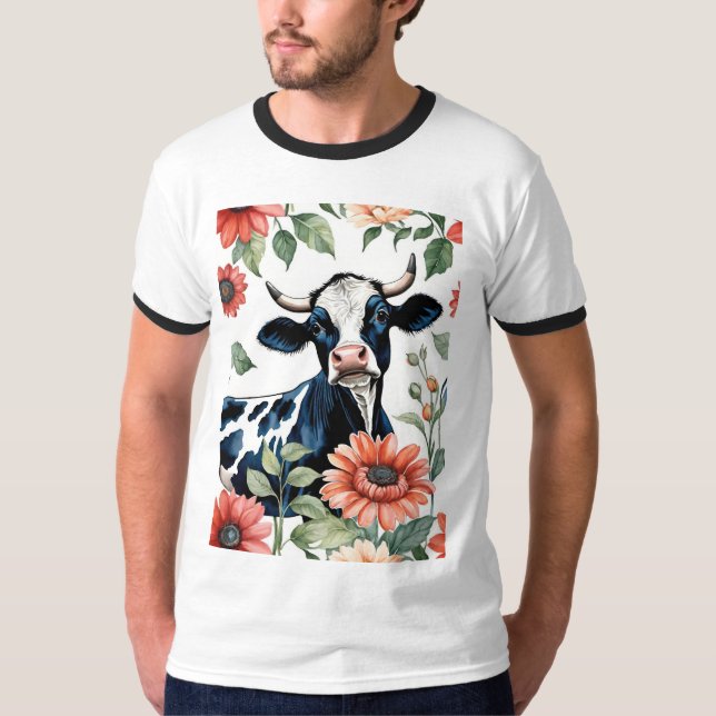 T-shirt Black And White Cow With Orange Flowers (Devant)