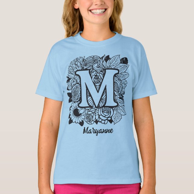 T-shirt Black and White Floral Monogram Letter M (Devant)