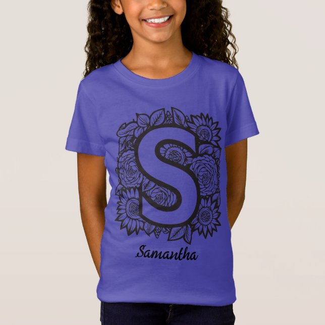 T-Shirt Black and White Tattoo Peony Flowers Monogram S (Devant)