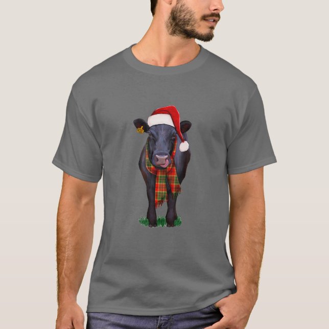 T-shirt Black Angus Vache Père Noël, Bonjour Thankm (Devant)