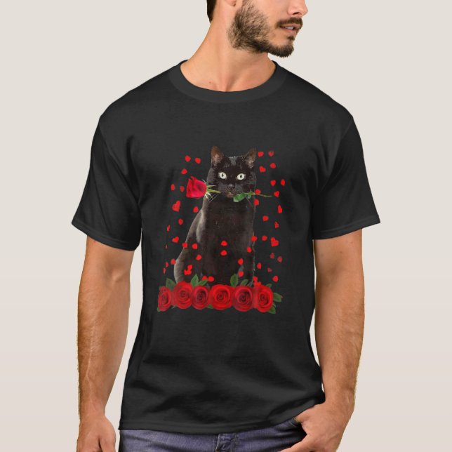 T-shirt Black Cat Biting Rose Coeurs Valentines Jour Anima (Devant)