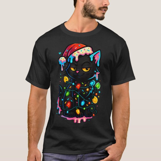 T-shirt Black Cat Christmas Ice Cream Drip Santa Hat Cute  (Devant)