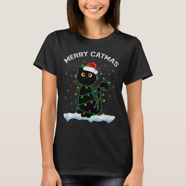 T-shirt Black Cat Christmas Light Cat Wearing Santa Hat Me (Devant)
