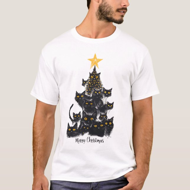 T-shirt Black Cat Christmas Tree Design Étoiles Étincelant (Devant)
