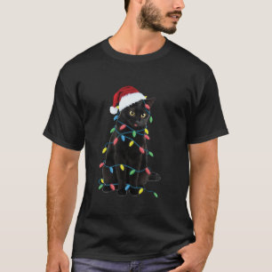 T-shirt Black Cat Christmas Tree Lumières Drôle Amoureux d