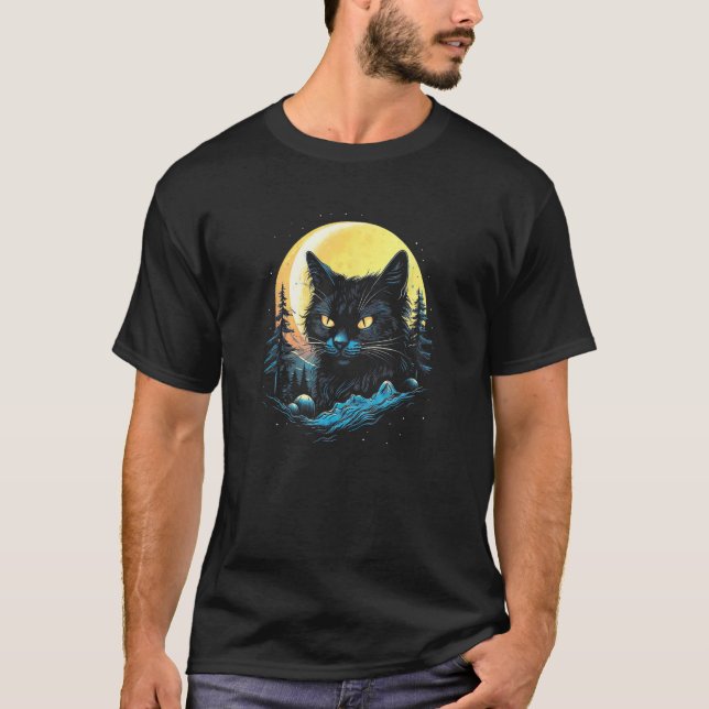 T-shirt Black Cat Forest Moon Mystical Black Cat (Devant)