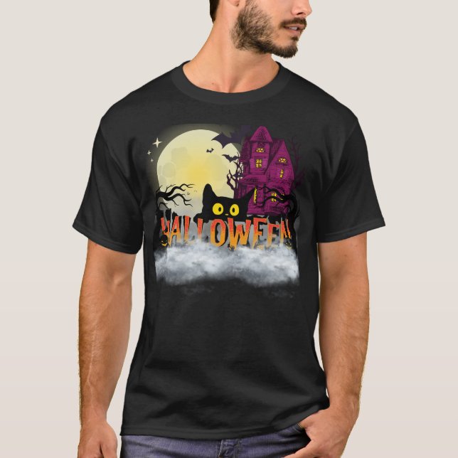 T-shirt Black Cat & Haunted House – Halloween Night Design (Devant)