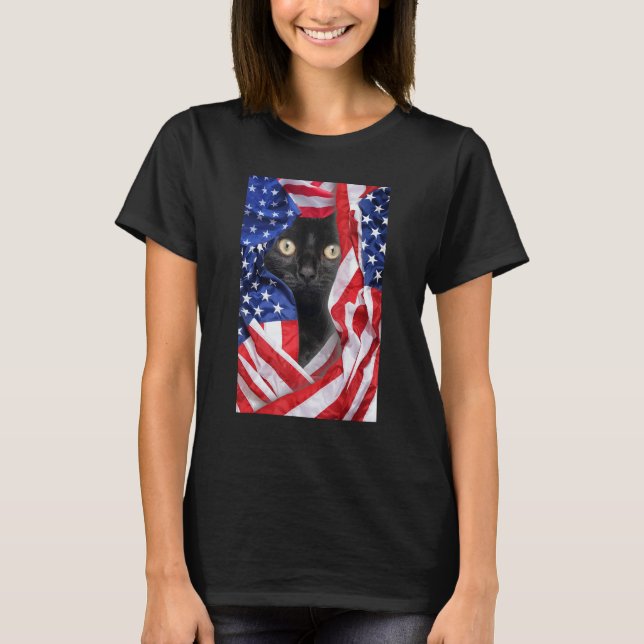 T-shirt Black Cat in USA Flag 4th of July Men Women (Devant)