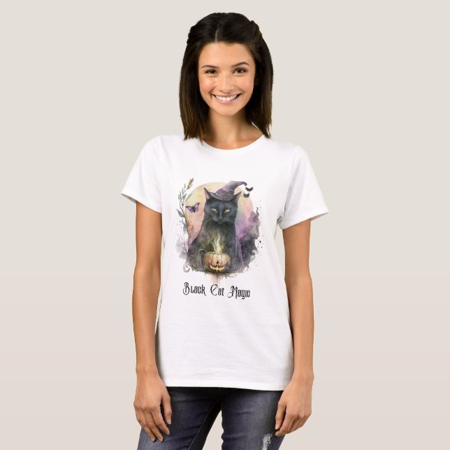 T-shirt Black Cat Magic sorcières Casquette Blanc Hallowee (Devant entier)