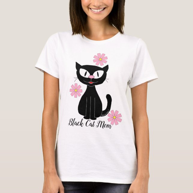 T-shirt Black Cat Maman avec Jolie Fleurs Roses Amoureux d (Devant)