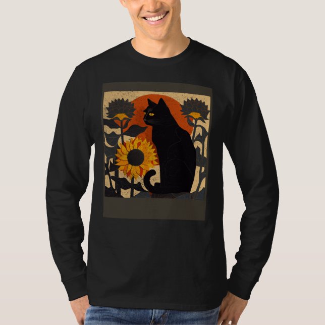 T-shirt Black Cat Nursing Sunflower (Devant)