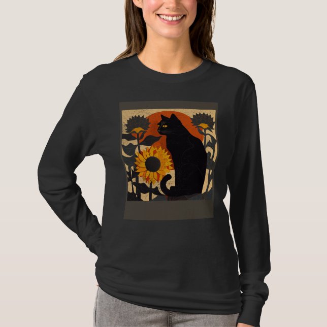 T-shirt Black Cat Nursing Sunflower (Devant)