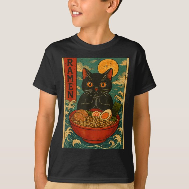 T-shirt Black Cat Ramen Japanese Graphic Tees For Men Wome (Devant)