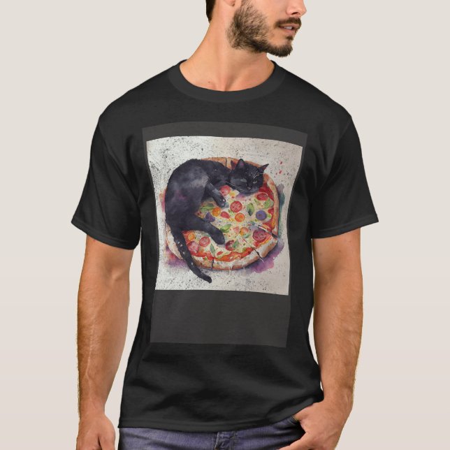 T-shirt Black Cat Sleep Pizza (Devant)