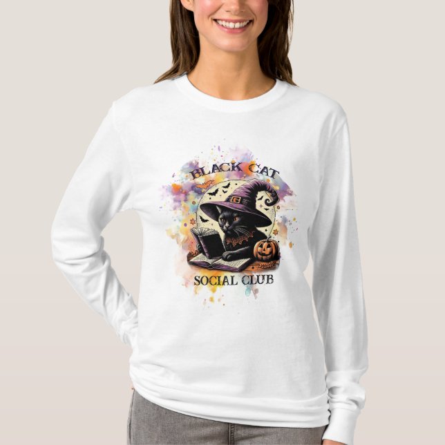 T-shirt Black Cat Social Book Club - Watercolor Splash (Devant)