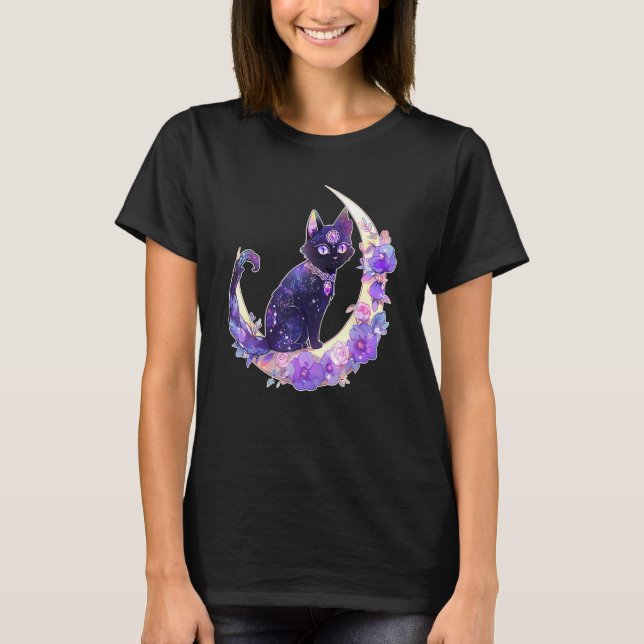 T-shirt Black Cat Witch Crescent Moon Witchy Crystal Paste (Devant)