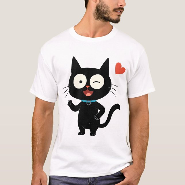 T-shirt Black Cat with Heart Cartoon (Devant)