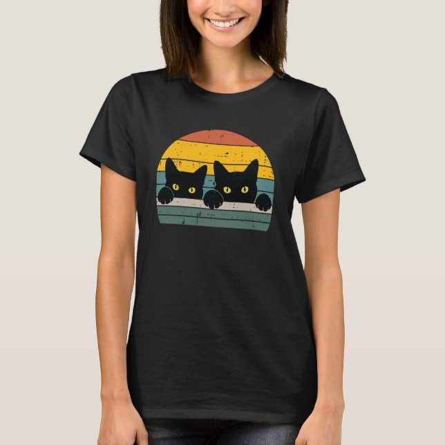 T-shirt Black Cats Peeking Sunset Retro Kitten Kitty Men W (Devant)