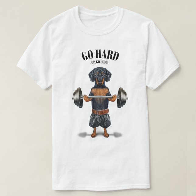 T-shirt Black Dachshund Dog Muscle Training Weightlifting  (Design devant)