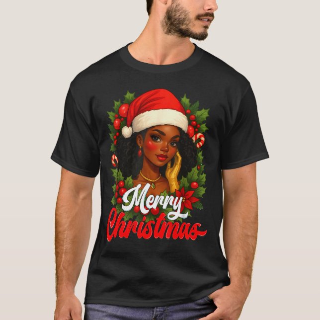 T-shirt Black Girl Santa Hat Merry Christmas Pajama Africa (Devant)