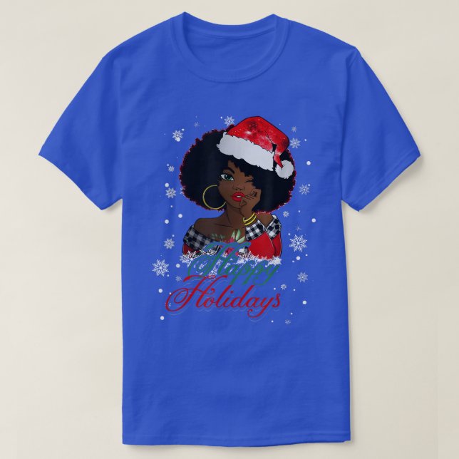 T-shirt Black Happy Holidays African American Santa Mrs Cl (Design devant)