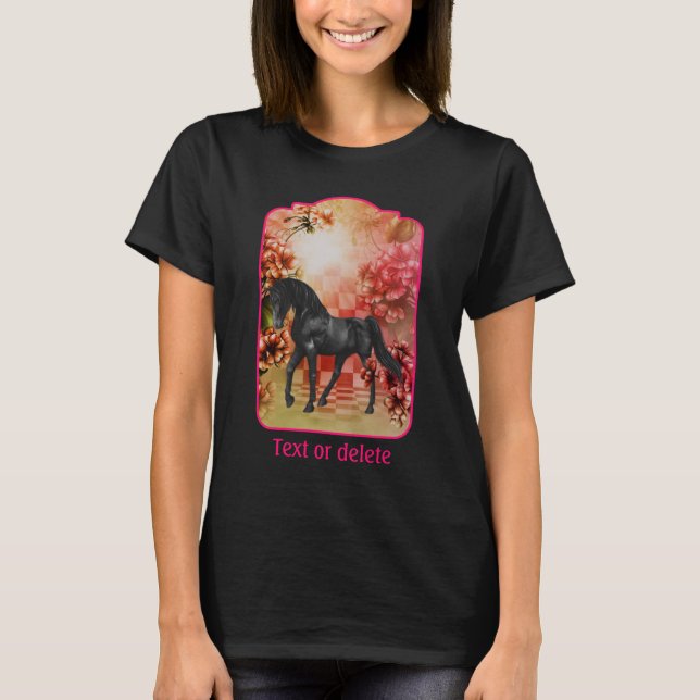 T-shirt Black Horse Flowers Fantasy Art Personalized (Devant)
