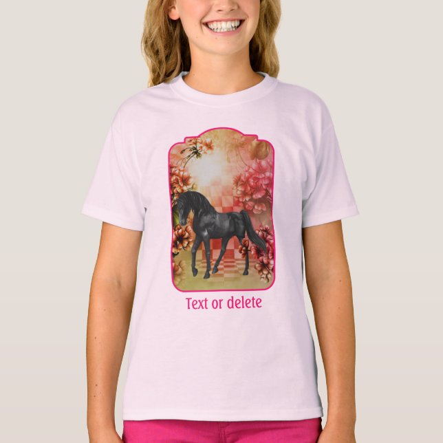 T-shirt Black Horse Flowers Fantasy Art Personalized (Devant)