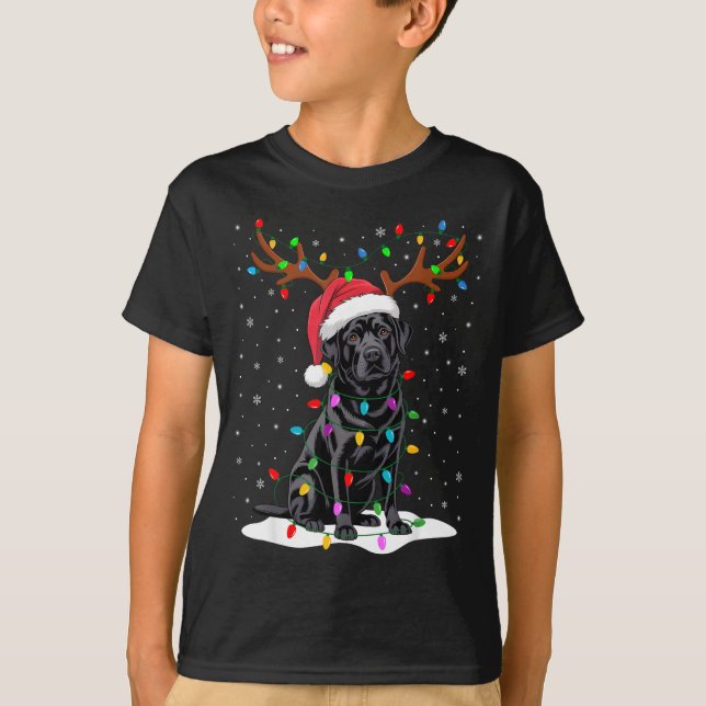 T-shirt Black Labrador Santa Hat Reindeer Tree Lights Chri (Devant)