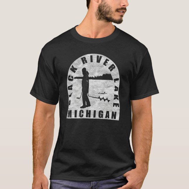 T-shirt Black River Lake Ice Fishing Michigan (Devant)