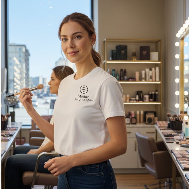 T-shirt Black Script Employee Name Business Logo Makeup (Créateur téléchargé)