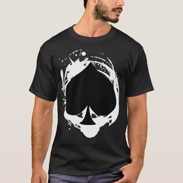 T-shirt Black Spade White Splatz Outline Cool Poker Jouer (Devant)