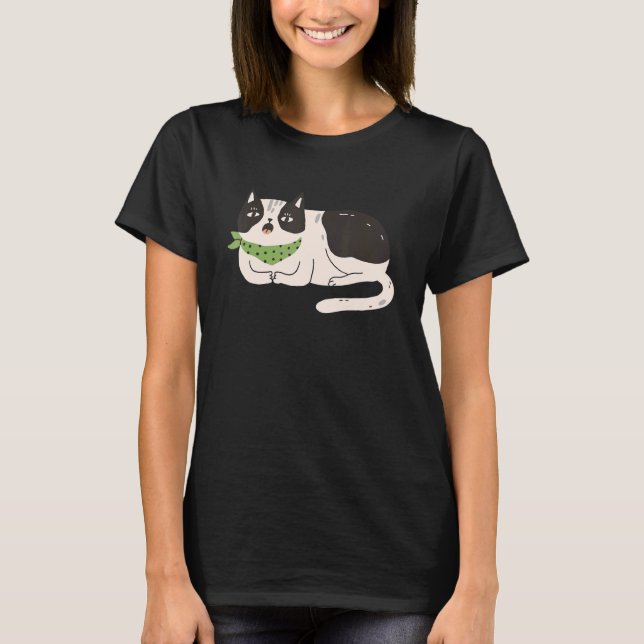T-shirt Black White Cat Illustration Meowing Cute Kitty (Devant)
