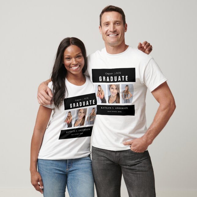 T-shirt Black White Graduation Photo Collage personnalisé  (Unisexe)