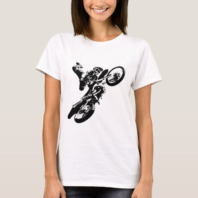 T-shirt Black White Pop Art Motocross Motorcyle Sport (Devant)